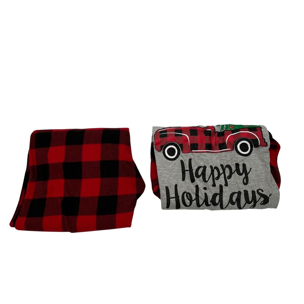 Happy Holidays Buffalo Plaid Truck Pajama Set XL Gray Red Christmas Sleepwear